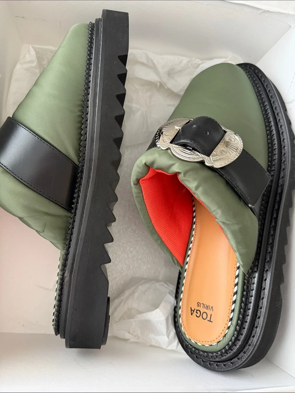 TOGA Virilis AJ 1357 Olive Nylon Slip-on Buckle Mules Men’s EU 45 / US 12